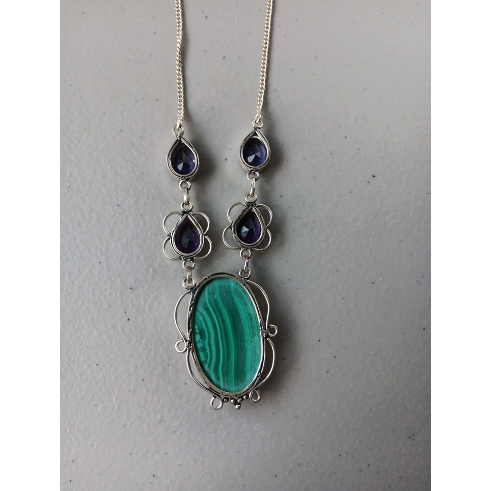 Silver 925 Framed Malachite Necklace Surrounded by Teardrop Amethyst BOHO MCM - Picture 3 of 6
